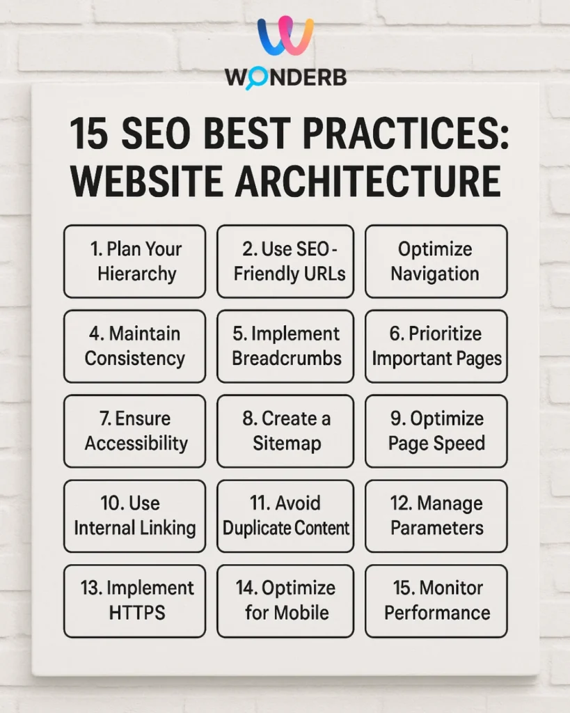 Infographic showing 15 SEO best practices for website architecture, including site hierarchy, URL optimization, navigation, internal linking, mobile optimization, HTTPS, and sitemap creation.